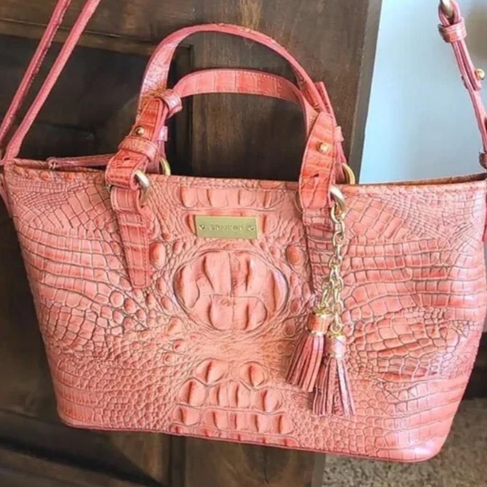 Brahmin Mini Asher Tulle Coral Colored Crock Embossed Leather Brass Hardware NWT